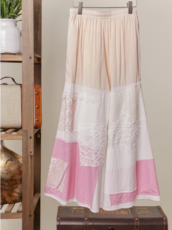 Mello Pants - Boho Patchwork Wide-Leg Pants in Blush, White & Pink